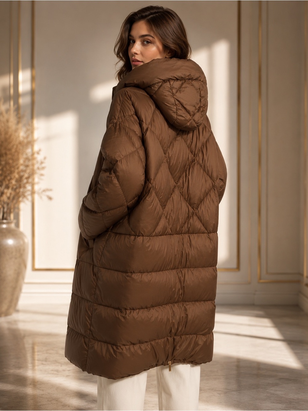 Max Mara The Cube Seipar Quilted Down Coat Brown Visone US 16